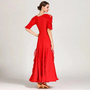 Women Cut-out Sleeves V-Neck Spandex Elegant Long Ballroom Dress Waltz Stage Dance Wear Modern Dance Costumes - DancerInn