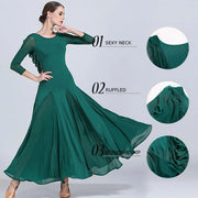 Women Chiffon Yarn V-Back Long Sleeves Party Dress Ball Gown Ballroom Waltz Dress Rumba Dance Costume Stage Dance Wear - DancerInn