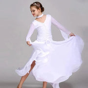 Kids Long Sleeve Romantic Floating Yarn Ballroom Dress Modern Dance Ballroom Dance Competition Dresses for Girls - DancerInn