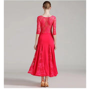 Women See-Through Hollow Lace Stitching Short Sleeves Red Tango Standard Ballroom Dress Waltz Rumba Dance Wear - DancerInn