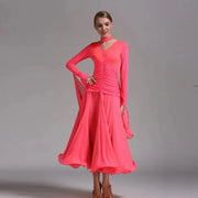 Women Neck Piece Flying Yarn Long Sleeves White Ballroom Dress Party Dress Waltz Rumba Costume Dance Clothing - DancerInn