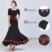 Women Contrast Color Stitching A-line Sweep Short Sleeves Fishbone Hemline Ballroom Dance Wear Tango Dress - DancerInn