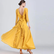 Women Chiffon Yarn V-Back Long Sleeves Party Dress Ball Gown Ballroom Waltz Dress Rumba Dance Costume Stage Dance Wear - DancerInn