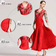Women Velvet See-through Rose Flower Waltzing Tango Dancing Dresses Ballroom Costume Evening Party Dress - DancerInn