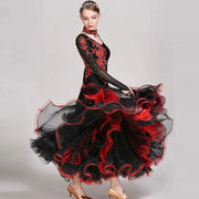 Women’s Black and Red Long Sleeves Ballroom Dance Dress with Exquisite Decals - DancerInn