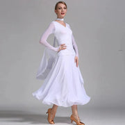 Women Neck Piece Flying Yarn Long Sleeves White Ballroom Dress Party Dress Waltz Rumba Costume Dance Clothing - DancerInn