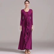Women Lace Swallow-tailed Stitching Long Sleeves Standard Ballroom Dress Tango Costume Flamenco Dance Dresses Ball Gown - DancerInn