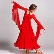Kids Long Sleeve Romantic Floating Yarn Ballroom Dress Modern Dance Ballroom Dance Competition Dresses for Girls - DancerInn