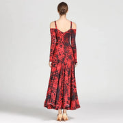 Women Leopard Bare Shoulder Backless Long Sleeves Evening Party Dresses Ballroom Gown Tango Costume Waltz - DancerInn