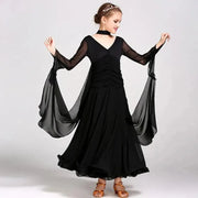 Kids Long Sleeve Romantic Floating Yarn Ballroom Dress Modern Dance Ballroom Dance Competition Dresses for Girls - DancerInn