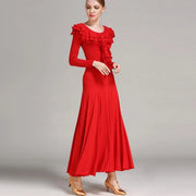 Women Layerd Back Ruffled Stitching Long Sleeves Ballroom Dress Standard Dance Clothing Stage Dance Wear - DancerInn