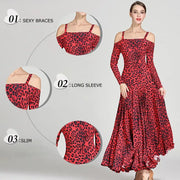 Women Leopard Bare Shoulder Backless Long Sleeves Evening Party Dresses Ballroom Gown Tango Costume Waltz - DancerInn