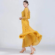 Women Chiffon Yarn V-Back Long Sleeves Party Dress Ball Gown Ballroom Waltz Dress Rumba Dance Costume Stage Dance Wear - DancerInn