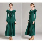 Women Layerd Back Ruffled Stitching Long Sleeves Ballroom Dress Standard Dance Clothing Stage Dance Wear - DancerInn