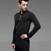 Men Professional Black Noble Dark Stripe Long Sleeves Latin Salsa Samba Chacha Modern Dance Shirts - DancerInn