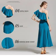 Women’s Ultra-fine Milk Silk Ruffled Neckline Inclined Shoulder Long Ballroom Dress - DancerInn