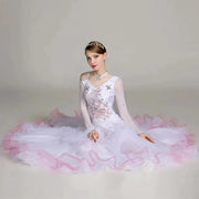 Women Flower Embroidery Finger Holder White Ballroom Dance Competition Dress Waltz Evening Party Dress Ball Gown - DancerInn