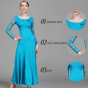 Women Hollow Lace Stitching Big Swing Party Dress Rumba Dance Costumes Waltz Dance Dresses Ballroom Gown - DancerInn