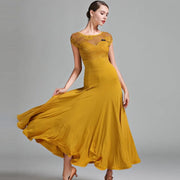 Women Short Sleeves Hollow lace Long Ballroom Dress Dancing Party Waltz Dance Clothes Ball Gown Rumba Costume - DancerInn