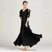 Women Cut-out Sleeves V-Neck Spandex Elegant Long Ballroom Dress Waltz Stage Dance Wear Modern Dance Costumes - DancerInn