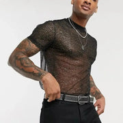 Men See-Through Short Sleeves Slim Shiny Breathable Dance T-shirts Nightclub Camiseta - DancerInn
