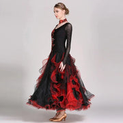 Women’s Black and Red Long Sleeves Ballroom Dance Dress with Exquisite Decals - DancerInn
