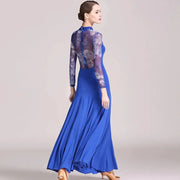 Women Big A Hemline Slim-fitting Pattern Gauze Long Sleeves Standard Ballroom Dress Waltz Tango Dance Costumes - DancerInn