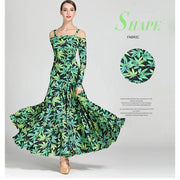 Women Leopard Bare Shoulder Backless Long Sleeves Evening Party Dresses Ballroom Gown Tango Costume Waltz - DancerInn