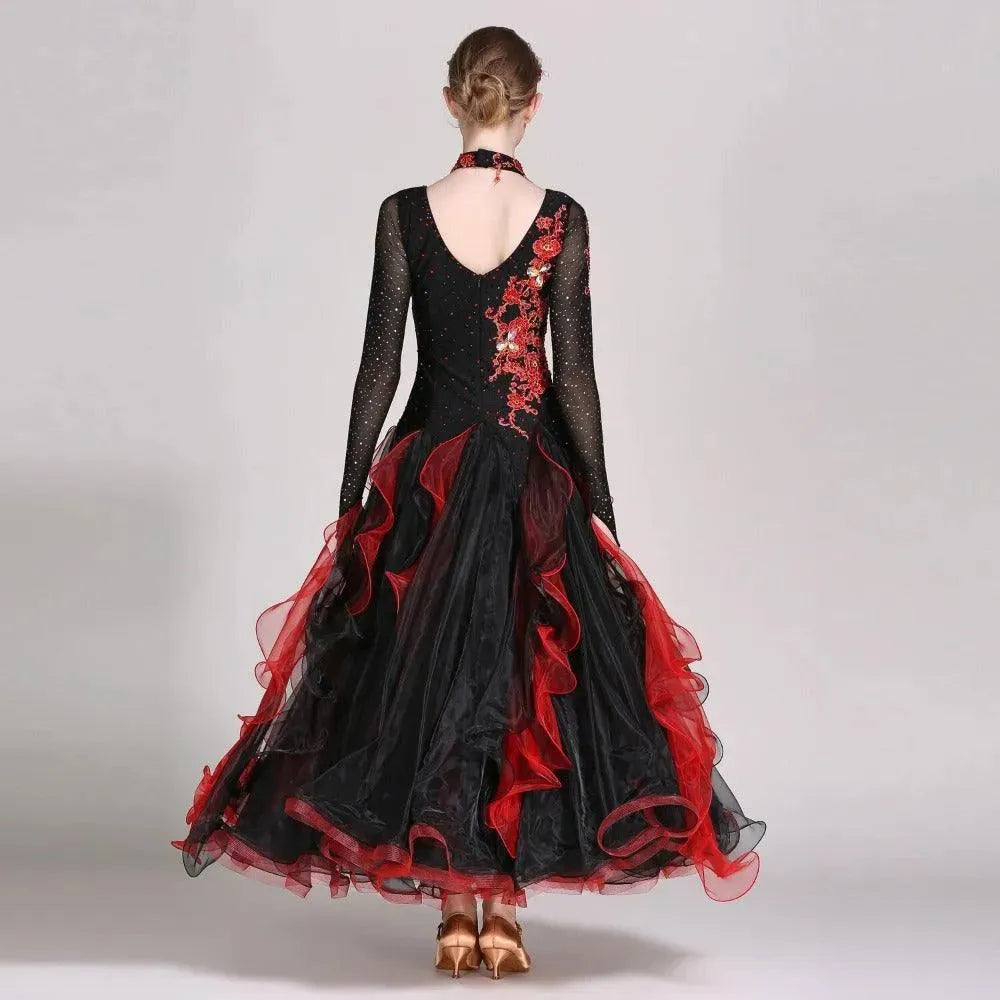Dancel's Inn Black Rhinestone Prom Dress Long , Floral Embroidered | DancerInn