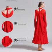 Women Neck Piece Flying Yarn Long Sleeves White Ballroom Dress Party Dress Waltz Rumba Costume Dance Clothing - DancerInn