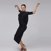 Women Backless Slit Black Latin Dance Dress Dancing Clothes Sexy Tango Costume Ball Gown Evening Party Dress - DancerInn