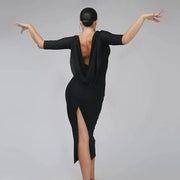 Women Backless Slit Black Latin Dance Dress Dancing Clothes Sexy Tango Costume Ball Gown Evening Party Dress - DancerInn