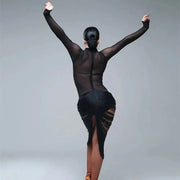 Women Tassel Velvet Stitching Hook Finger Sleeves Sexy Design Black Latin Dance Jumpsuits Ball Gown Pole Dance Clothing Salsa Costumes For Jazz - DancerInn