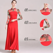 Women Big A Hemline Slim-fitting Pattern Gauze Long Sleeves Standard Ballroom Dress Waltz Tango Dance Costumes - DancerInn