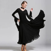 Women Neck Piece Flying Yarn Long Sleeves White Ballroom Dress Party Dress Waltz Rumba Costume Dance Clothing - DancerInn