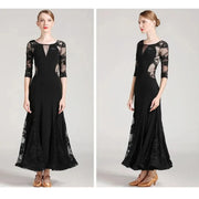 Women See-Through Hollow Lace Stitching Short Sleeves Red Tango Standard Ballroom Dress Waltz Rumba Dance Wear - DancerInn