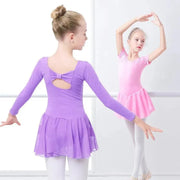 Girls Bowknot Short Sleeve Ballet Dress Gymnastics Leotards Chiffon Skirts for Kids - DancerInn