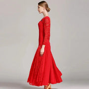 Women Hollow Lace Stitching Boat Neck Long Sleeves Waltz Dress Standard Ballroom Dance Costume Ball Dress Dance Clothes - DancerInn