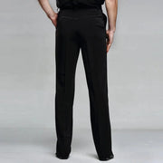 Men Professional Pure Black Straight Pocket and Belt Latin Modern Square Practice Dance Pants - DancerInn