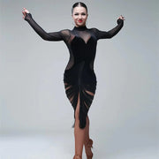 Women Tassel Velvet Stitching Hook Finger Sleeves Sexy Design Black Latin Dance Jumpsuits Ball Gown Pole Dance Clothing Salsa Costumes For Jazz - DancerInn