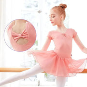 Girls Bowknot Short Sleeve Ballet Dress Gymnastics Leotards Chiffon Skirts for Kids - DancerInn