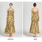 Women Leopard Bare Shoulder Backless Long Sleeves Evening Party Dresses Ballroom Gown Tango Costume Waltz - DancerInn