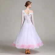 Women Flower Embroidery Finger Holder White Ballroom Dance Competition Dress Waltz Evening Party Dress Ball Gown - DancerInn