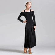 Women Bare Shoulder Long Sleeves Spandex White Ballroom Dress Party Dress Waltz Tango Dance Costume Ball Gown Dance Wear YL9008 - DancerInn