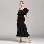 Women’s Ultra-fine Milk Silk Ruffled Neckline Inclined Shoulder Long Ballroom Dress - DancerInn