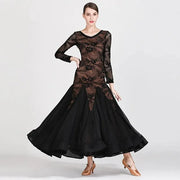 Women Hollow Lace Stitching V-Neck Ballroom Waltz Rumba Dresses Spanish Flamenco Dance Costumes - DancerInn