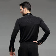 Men Professional Black Noble Dark Stripe Long Sleeves Latin Salsa Samba Chacha Modern Dance Shirts - DancerInn