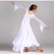 Kids Long Sleeve Romantic Floating Yarn Ballroom Dress Modern Dance Ballroom Dance Competition Dresses for Girls - DancerInn
