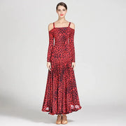 Women Leopard Bare Shoulder Backless Long Sleeves Evening Party Dresses Ballroom Gown Tango Costume Waltz - DancerInn