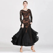 Women Hollow Lace Stitching V-Neck Ballroom Waltz Rumba Dresses Spanish Flamenco Dance Costumes - DancerInn